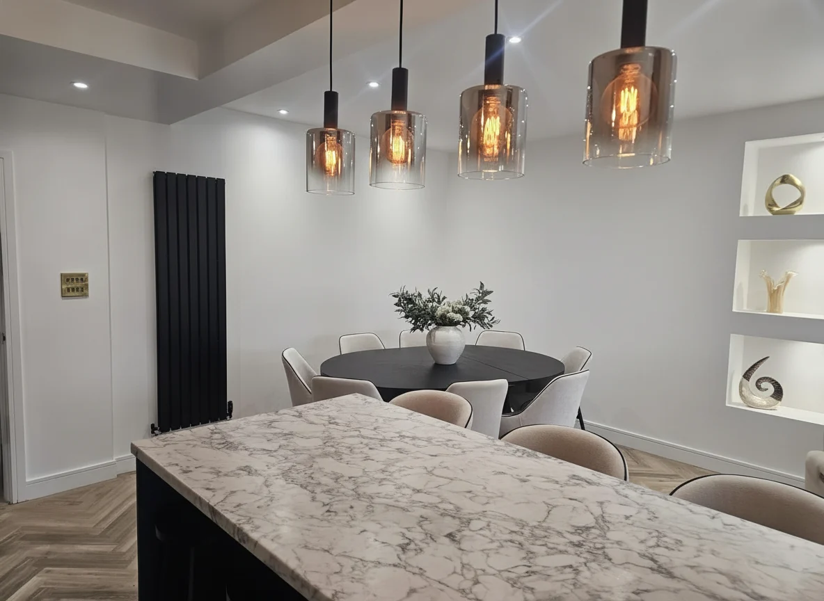 A dining room with a bare wall behind the table