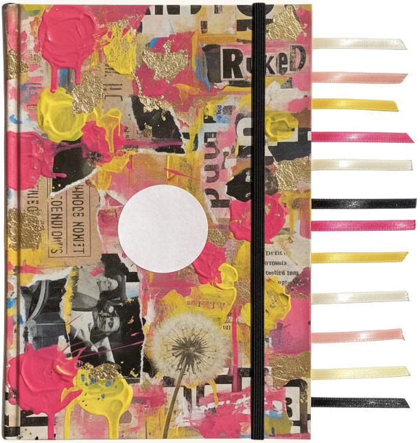 The studio journal, its cover collaged in torn paper, pink and yellow paint and gold leaf