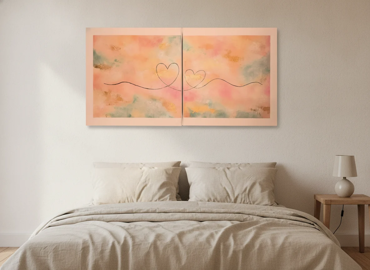 Two Hearts hung on a plain wall